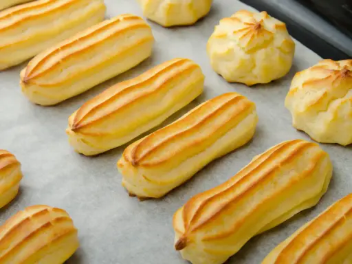 Des éclairs et des choux dorés, prêts à être garnir. La pâte à choux est prête pour une gourmandise.