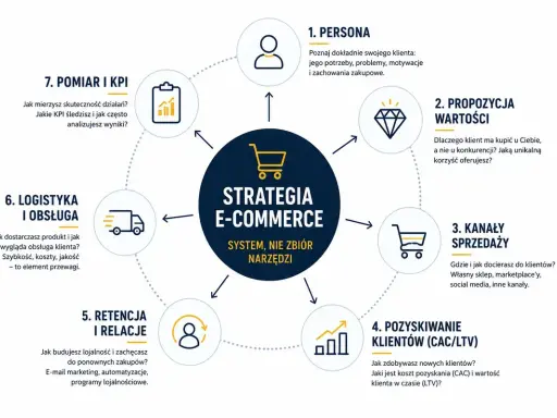 Schemat strategii e-commerce: od persony klienta, przez propozycję wartości, kanały sprzedaży, pozyskiwanie i retencję klientów, logistykę, po pomiar KPI.