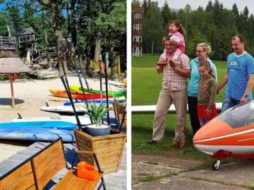 Rodzinna wycieczka do Jeleniej Góry: plaża z deskami SUP i kajakami, a obok mały samolot i uśmiechnięta rodzina. Atrakcje dla dzieci w Jeleniej Górze czekają!