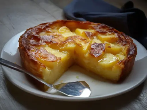Un délicieux clafoutis pomme, doré et fondant, servi sur une assiette blanche avec une cuillère.