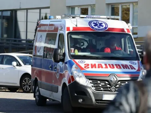 Ambulans z ratownikami medycznymi na tle budynku i białego samochodu.
