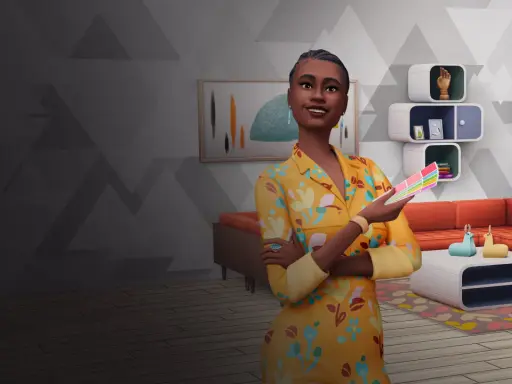 Simka z paletą kolorów, gotowa do projektowania wnętrz w The Sims 4.