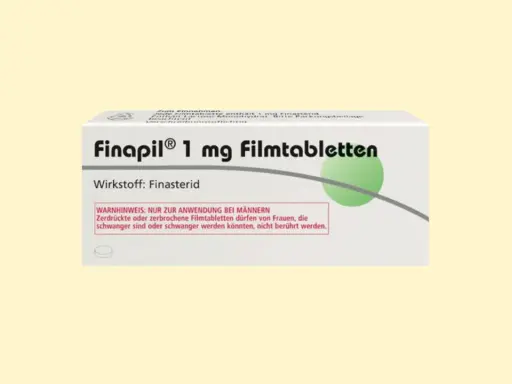 Opakowanie leku Finapil 1 mg z substancją czynną finasterydem. Stosowany u mężczyzn, ostrzeżenie dla kobiet w ciąży.