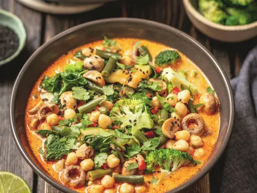 Kremowe curry z ciecierzycą, brokułami, fasolką szparagową i grzybami, posypane czarnym sezamem.