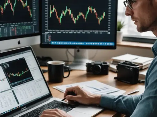 Mężczyzna analizuje wykresy akcji S&P 500 na laptopie i monitorach.