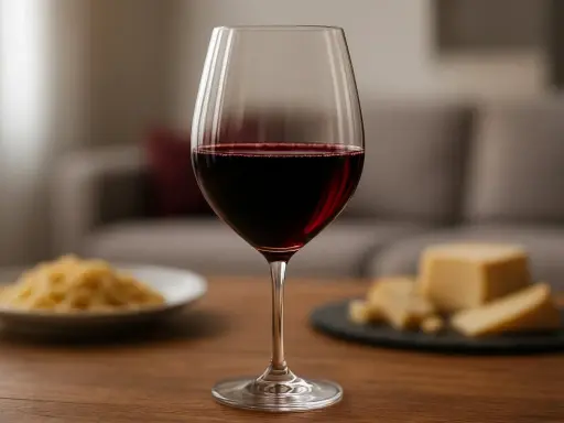 Ein Glas Rotwein, vermutlich aus der Merlot Rebsorte, steht auf einem Holztisch. Im Hintergrund sind unscharf Nudeln und Käse zu sehen.