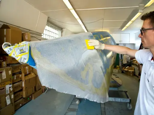 Mann bearbeitet mit gelbem Werkzeug und Handschuh ein Bootsteil. Epoxidharz Bootsbau-Material wird aufgetragen.