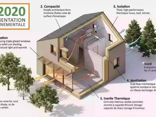 Plan d'une maison bioclimatique RE 2020 : orientation, compacité, isolation, ventilation, inertie thermique et protection solaire.