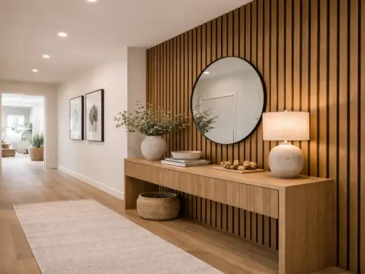 Entrada moderna con pared de listones de madera, consola, espejo redondo y lámpara. Inspiración para como poner listones de madera en la pared.