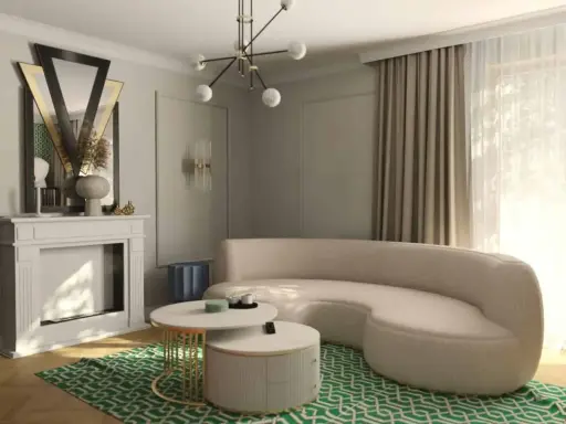Eleganckie art deco mieszkanie z kremową sofą, geometrycznym dywanem i lustrem w stylu retro.