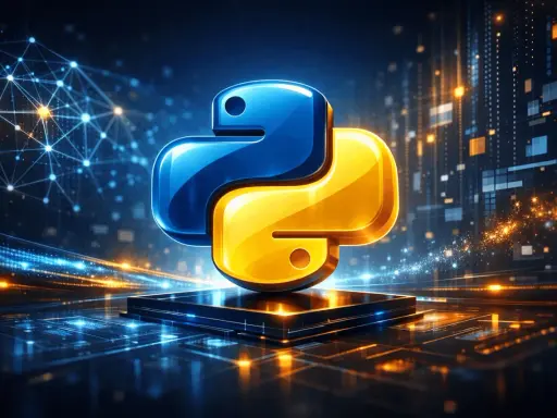 Symbol Python, niebiesko-żółty, na tle cyfrowego świata. To jest python definicja.