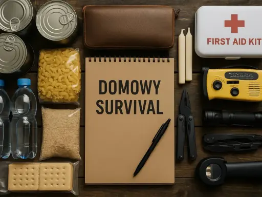 Zestaw do domowego survivalu: konserwy, makaron, ryż, woda, ciastka, apteczka, radio, latarka, scyzoryk, świece i notes.