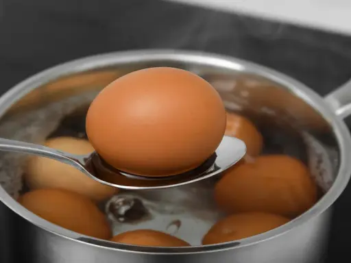Łyżka z jajkiem nad garnkiem z gotującą się wodą. W ten sposób można łatwo dowiedzieć się, jak sparzyć jajka.