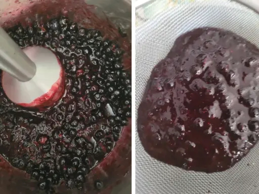 Mieszanie jagód blenderem, aby uzyskać gładką masę na żelkę do tortu. Po lewej blender w jagodach, po prawej przecedzona masa.