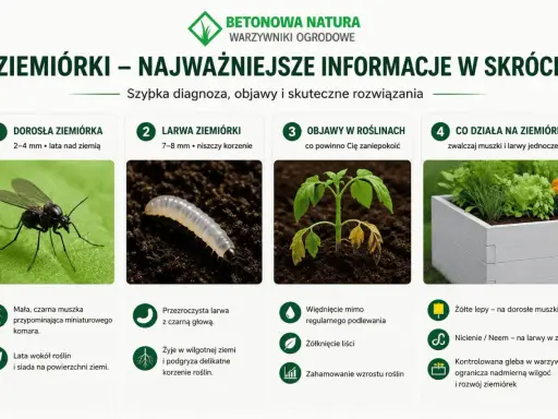 Dorosła ziemiórka to mała, czarna muszka, a jej larwa, która wygląda jak przezroczysty robak z czarną głową, niszczy korzenie roślin.