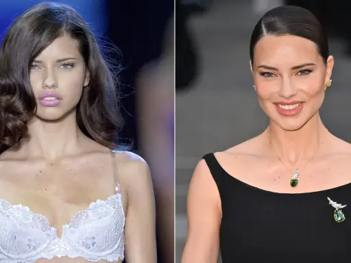 Adriana Lima en 2000, joven y radiante en lencería blanca, y años después, elegante de negro con joyas.