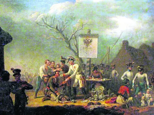 Scena z rabacji galicyjskiej: żołnierze austriaccy otaczają chłopów, jeden z nich wręcza nagrodę.