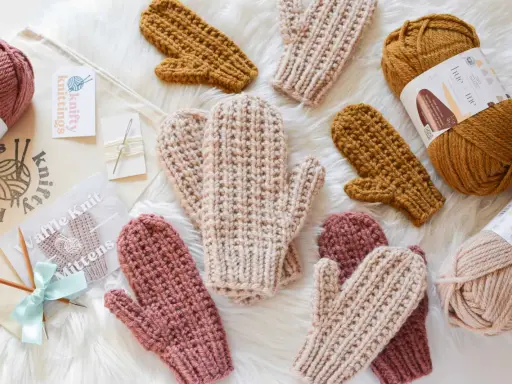 Mitones tejidos a mano con patrón de dos agujas. Varios pares en tonos rosa, beige y mostaza, junto a ovillos de lana y agujas.