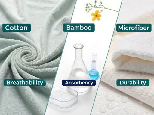 Toallas de algodón, bambú y microfibra. Muestra la transpirabilidad, absorbencia y durabilidad, ideal para lavar toallas en lavadora.