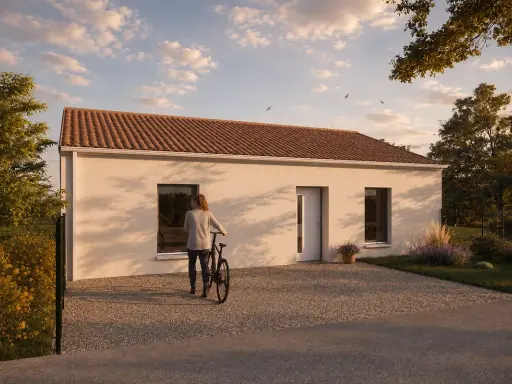 Une femme avec un vélo devant une maison moderne. Le soleil couchant projette de longues ombres. Une maison de l'avenir, prix abordable.