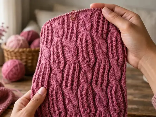 Manos tejiendo un suéter con un hermoso punto de trenzas y ochos en hilo rosa. Bolas de lana y flores secas en el fondo.