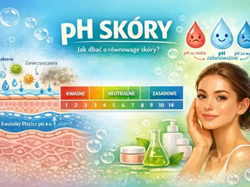 Ilustracja pokazuje warstwy skóry, skalę pH i kosmetyki. Dbanie o równowagę skóry to klucz do jej zdrowia.