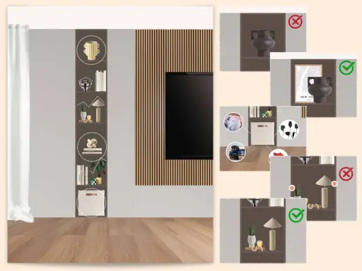 Esempi di **nicchie design** con decorazioni, libri e cesti. Mostra diverse opzioni di arredamento, alcune corrette (con segno di spunta verde), altre da evitare (con croce rossa).