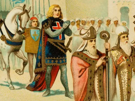 Ein Ritter mit Kreuz, Bischöfe und ein Knappe. So lebten die Menschen im Mittelalter, in Prozessionen und mit religiöser Symbolik.