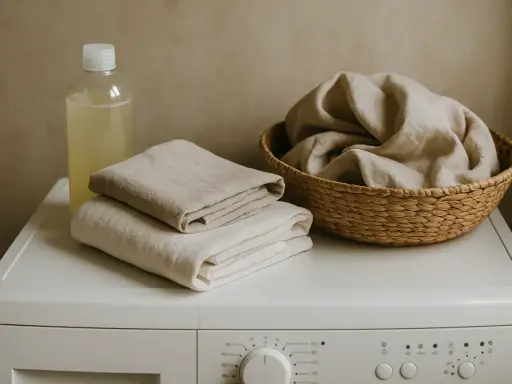 Tabla de lino doblada y cesta con ropa, junto a un detergente. Aprende como lavar el lino para que no encoja.