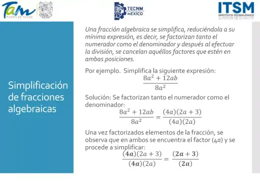 Logos de instituciones educativas y una explicación de cómo simplificar fracciones algebraicas con ejemplos.