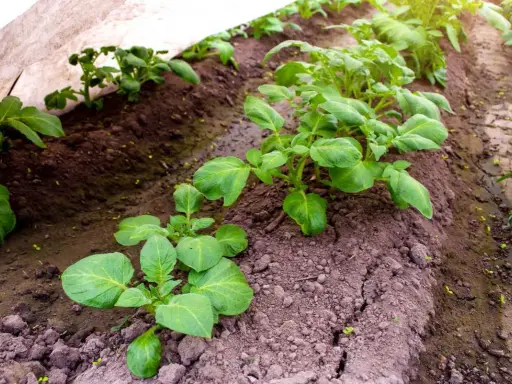 Jeunes plants de pommes de terre sous une protection. La question "peut on planter des pommes de terre toute l'année" est soulevée par cette culture précoce.