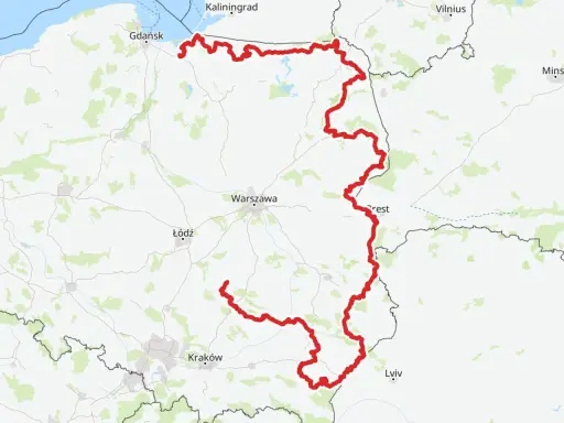 Mapa z zaznaczoną trasą rowerową wzdłuż Mierzei Wiślanej i dalej na południe przez Polskę, docierającą do Lwowa.