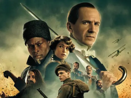 Il poster di "The King's Man - Le Origini" mostra un gruppo di personaggi determinati, tra cui Ralph Fiennes con una spada, pronti a combattere.