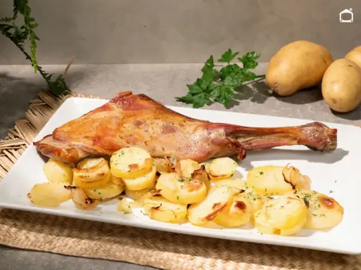 Paletilla de cordero al horno dorada y jugosa, acompañada de patatas panadera y perejil fresco. Un plato principal delicioso.