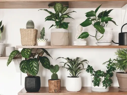 Estanterías llenas de **plantas que purifican el aire**, como sansevieria, pothos y calatheas, junto a cactus y una figura de Buda.