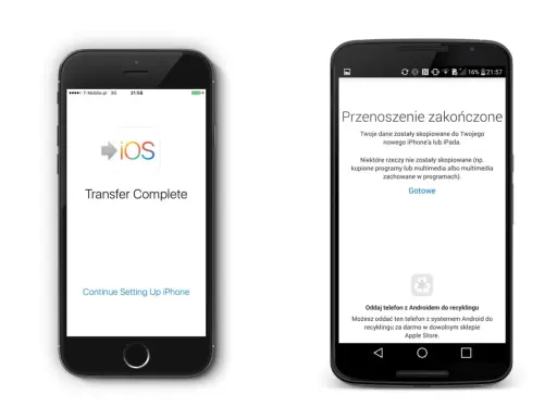 Przenoszenie danych z Androida na iPhone zakończone. Na ekranie iPhone'a komunikat "Transfer Complete", na Androidzie "Przenoszenie zakończone".