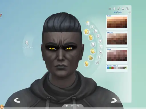 Tworzenie postaci w The Sims 4: mroczny Sim z żółtymi oczami i szarą skórą, gotowy do rozgrywki.