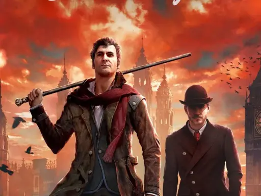 Sherlock Holmes gra w wiktoriańskim Londynie, z Big Benem i krukami na tle czerwonego nieba.