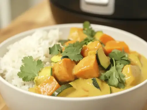 Un bol de riz blanc servi avec un curry de légumes coloré, garni de coriandre fraîche.