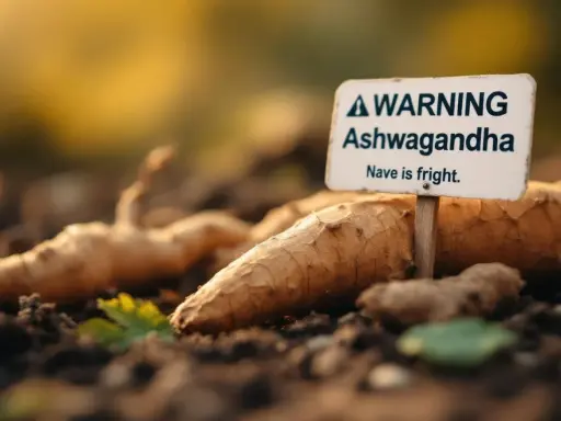 Racines d'ashwagandha fraîchement récoltées, avec un panneau "Attention Ashwagandha". Avis sur l'ashwagandha.