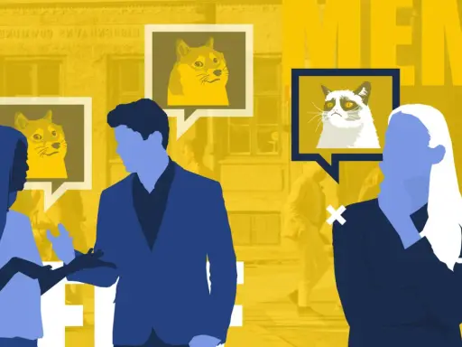 Silhouetten von Menschen, die über Doge und Grumpy Cat sprechen. Ein humorvolles Bild über meme kommunikation.