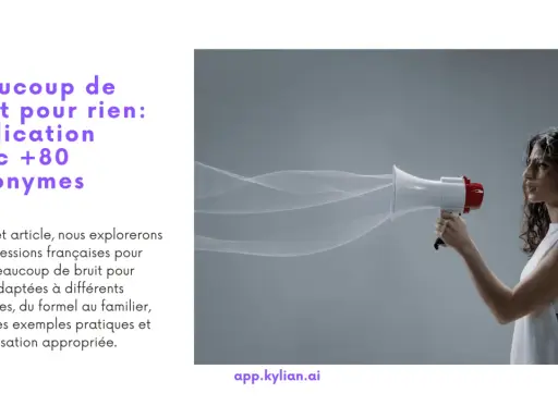 Une femme tient un mégaphone d'où s'échappe un nuage de fumée stylisé. L'image illustre l'idée d'exprimer un synonyme pour "beaucoup de bruit pour rien".