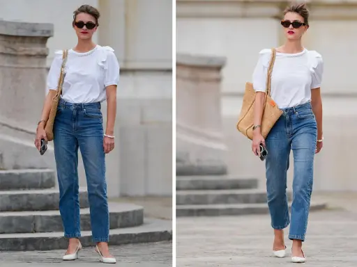Donna con outfit jeans e maglietta bianca, borsa di paglia e occhiali da sole.