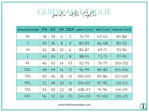 Tabella taglie: la L corrisponde a ITA 44, EU 40, UK 12, USA 8, con misure petto 88-91 cm, vita 72-75 cm, fianchi 97-99 cm.