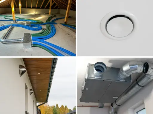 System wentylacji mechanicznej z rekuperatorem. Widać czerpnię powietrza na ścianie budynku, przewody w poddaszu i anemostat sufitowy.