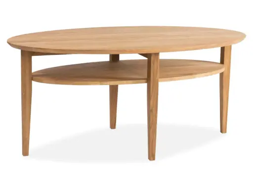 Ett elegant, ovalt soffbord i ek med en praktisk avlastningshylla. Perfekt för att förvara tidningar eller fjärrkontroller.