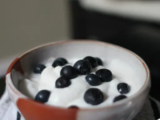 Schüssel mit cremigem Joghurt und Blaubeeren, perfekt für dein mandeljoghurt selber machen Projekt.