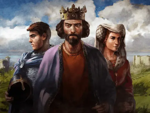 Król, rycerz i dama na tle zamków. Czyżby szukali **age of empires kodów** do szybszego rozwoju?