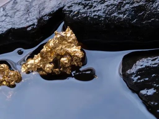 Oro grezzo, scintillante tra rocce scure e acqua limpida. Un'immagine che evoca il mistero di come nasce l'oro.