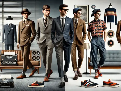 Eleganccy mężczyźni w garniturach, prezentujący styl glamour moda męska. W tle manekin w garniturze, maszyny do pisania i meble retro.